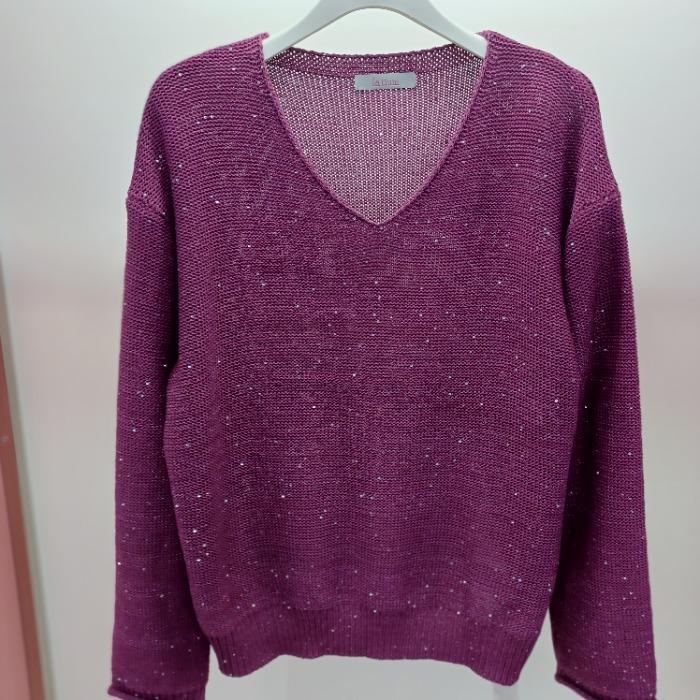 라티움 HC06 봄 뜨개느낌 스판 비즈배색 짱 뷔숑 브이넥 니트티 T2613sw18P 46626179_이미지