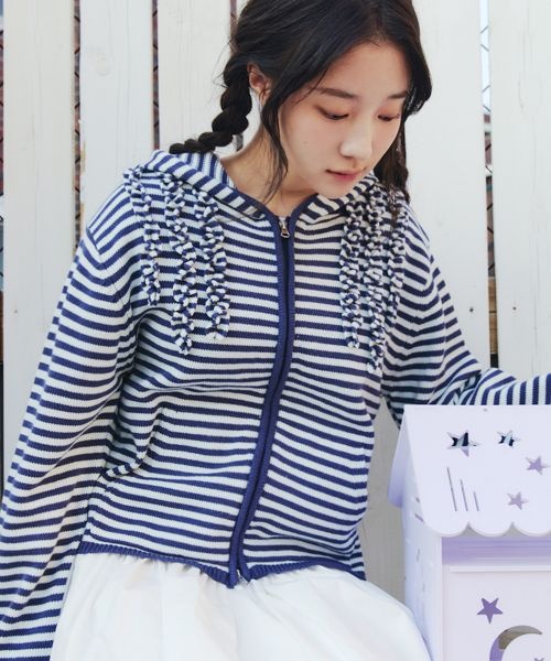 샐리 테일즈 CELITAILS STRIPE KNIT FRILL HOODIE ZIP-UP_NAVY CE2512CD002MNA 37.._이미지