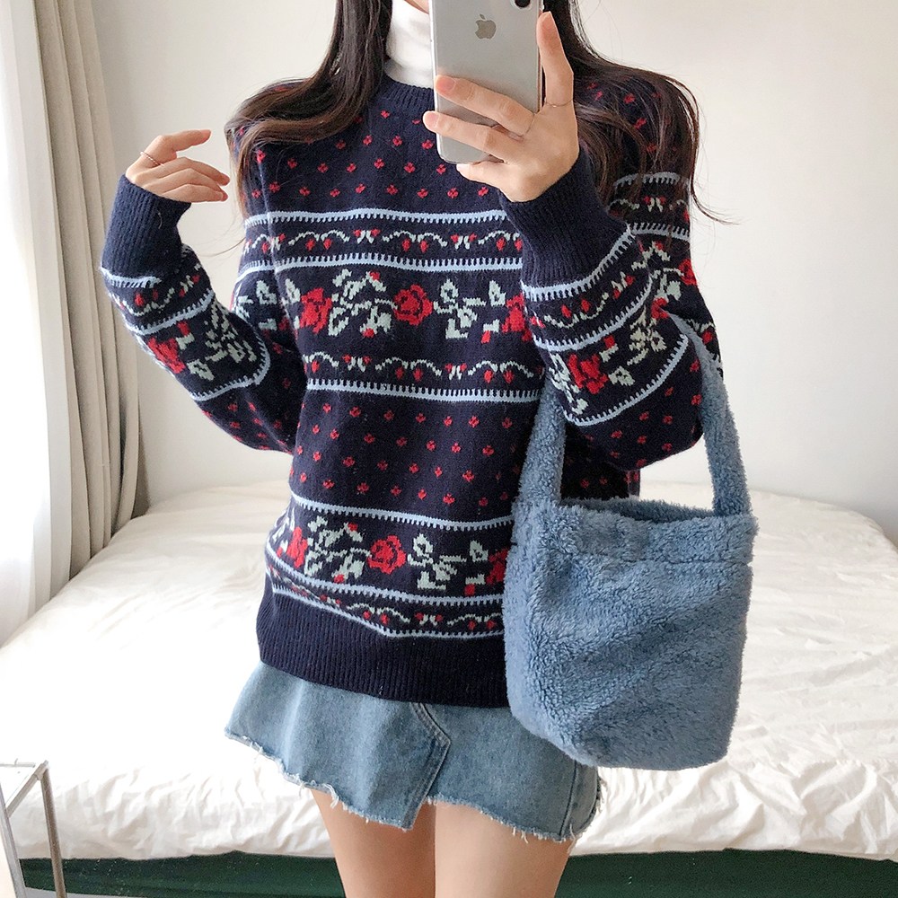 요시아나 데일리코디 로제테 컬러풀 배색 플라워 노르딕 니트 2컬러 네이비 BL1519 로제테니트_이미지
