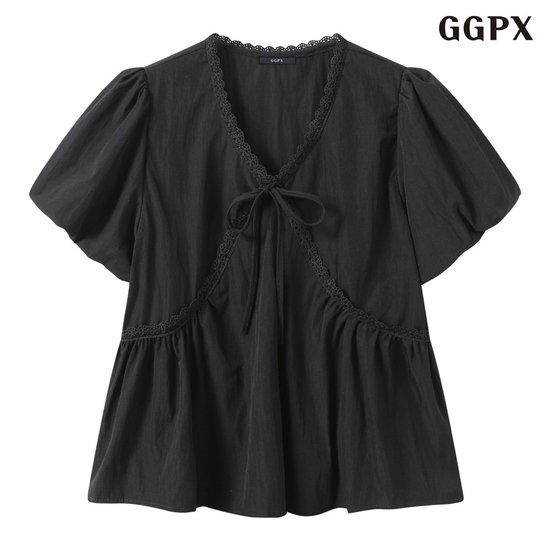 GGPX 리본 포인트 브이넥 소매 벌룬 반팔 블라우스 GQBBA003D_이미지