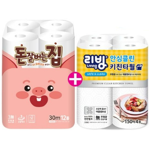 30m (12롤) + 리빙 안심클린 키친타월 150매 (4롤)
