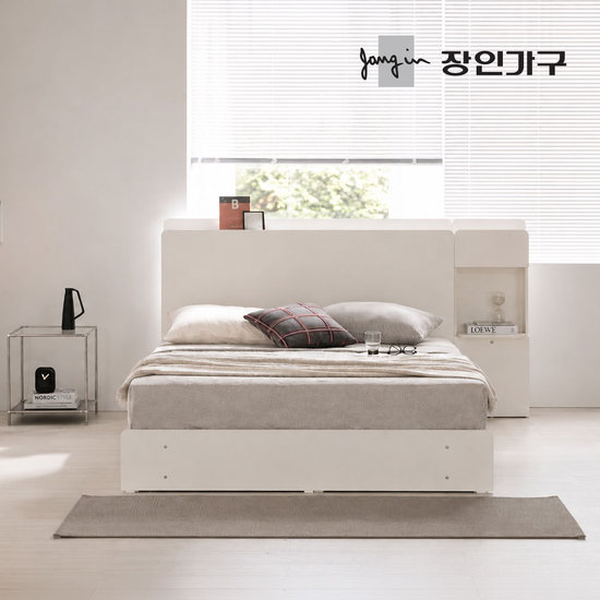 장인가구 리니에 플랫헤드 평상형 서랍 수납 LED침대 Q+협탁