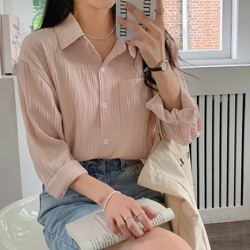셔츠 여성 주름 블라우스 긴팔 여름 봄 남방 베이지 셔츠5862