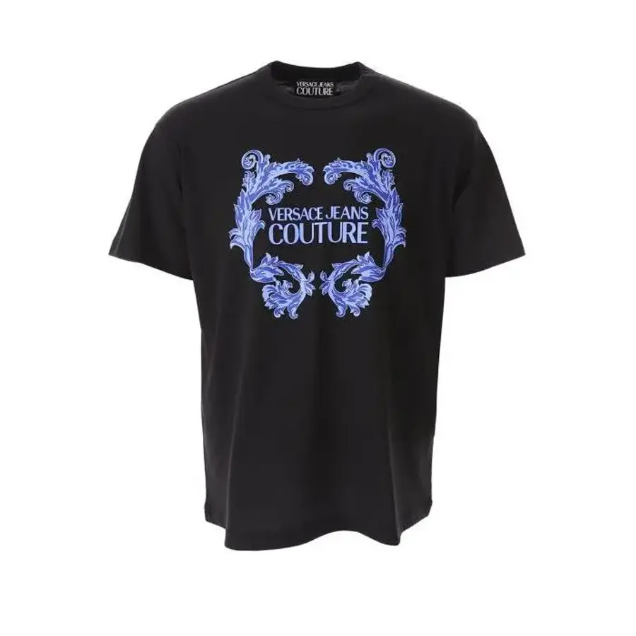 베르사체 진스 꾸뛰르 로고 프린트 크루넥 티셔츠 블랙 76GAHG0276UP601