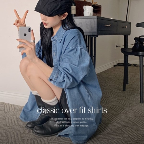 데일리/개강룩 쥬엔 오버핏 롱 데님셔츠 H_SH0055