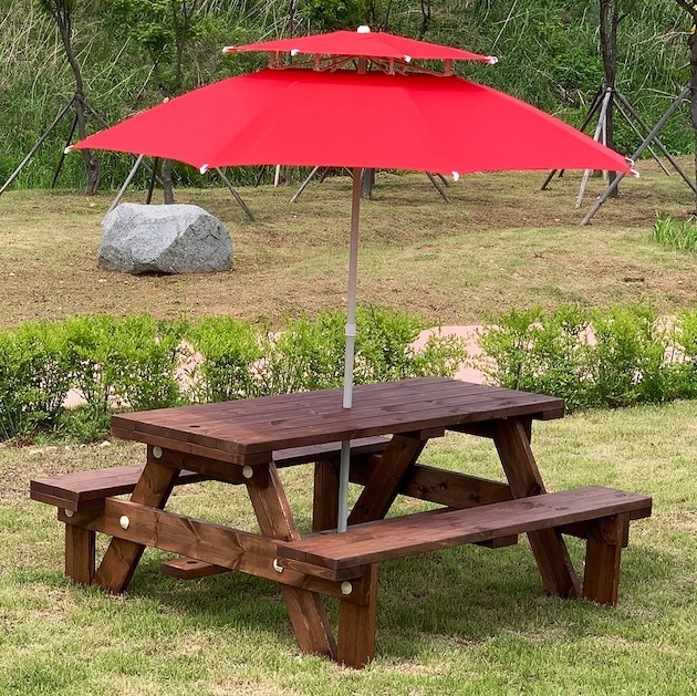 올리브가구  미엔우드 정품형 월넛색 야외 원목 야외 테이블 1800 (벤치2개)