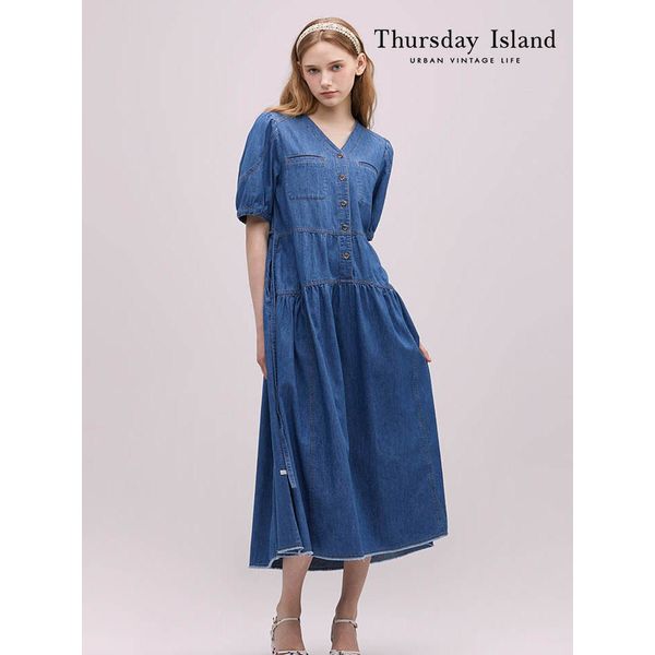 써스데이아일랜드 Thursday Island 볼륨소매 반오픈 데님 원피스 T244MOP269W_이미지