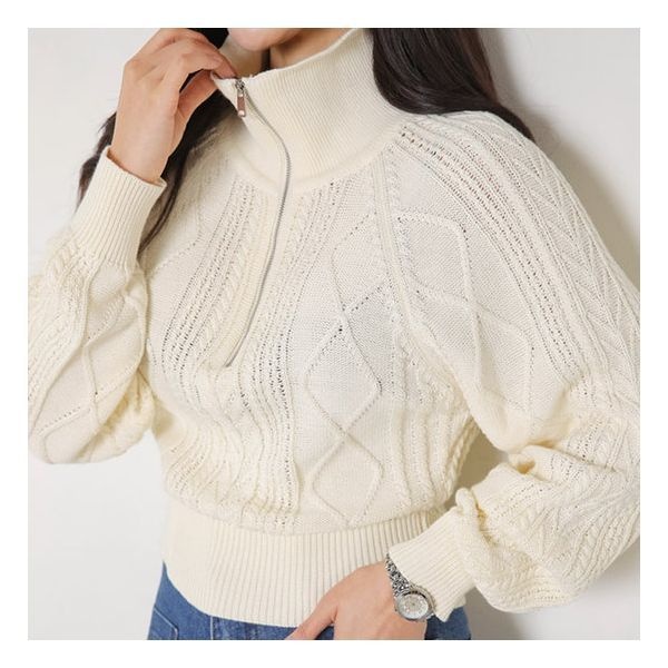 헤이올리 카라 반오픈 집업 꽈배기 조직 니트 티셔츠 NHK029 149941