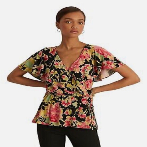랄프로렌 폴로 블랙 멀티 플로럴 러플 트림 여성 블라우스 미디엄 2595577