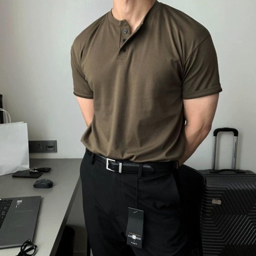 노카라 버튼 반팔 탑 헨리넥 티셔츠 여름 데일리 OHS-CMTT0323