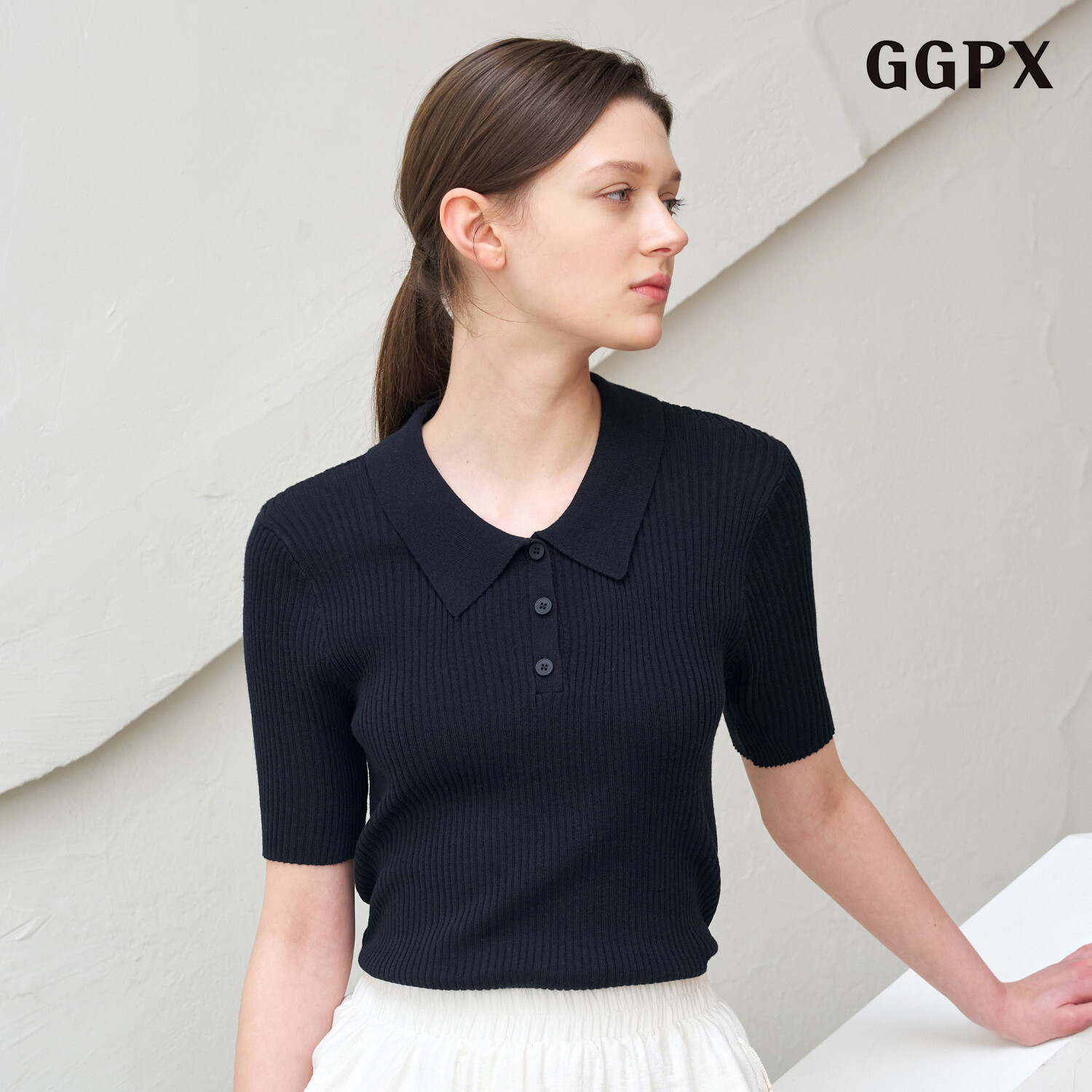 GGPX 심플 카라넥 슬림핏 반팔 니트 GQBKT008D_이미지