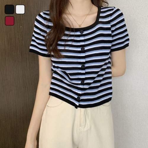 리빌모아 여자 스트라이프 세미크롭 스퀘어 반팔 티셔츠 DMSW-TSH-SDD185_이미지