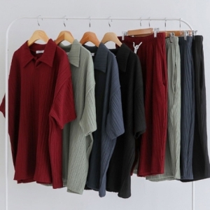 리빌모아 국산 남여공용 주름 카라티 반바지 세트 5C-SETH-Q057-버건디