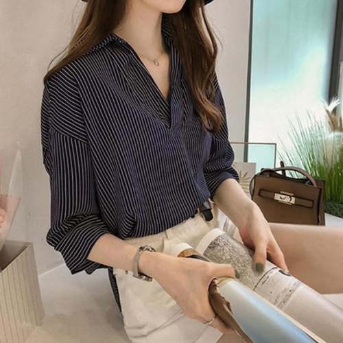 ONM 반오픈 카라 세로 줄무늬 5부 셔츠 S8436497