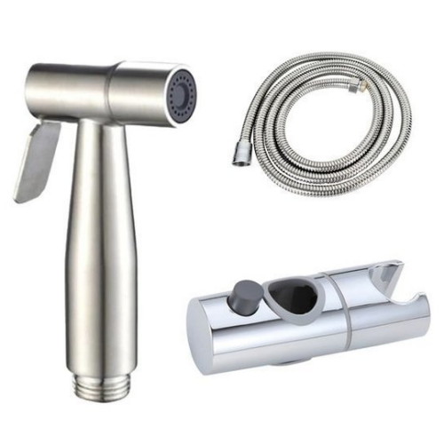 스텐 청소건 실버 + 황동 샤워호스 1.5m + 버튼식거치대 25mm