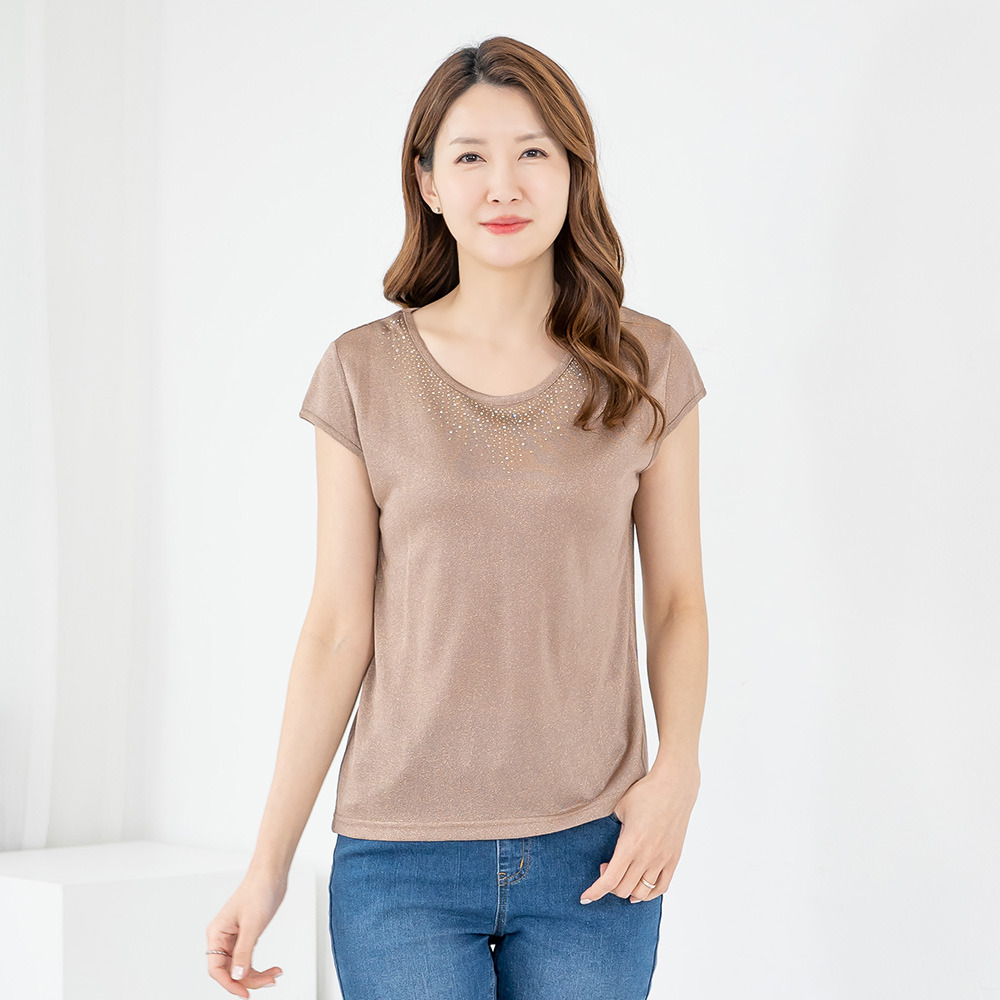 모슬린 엄마옷 엄마옷 티셔츠 캡소매 라운드 반짝이펄 603HJK145 중년여성/50대/60대/70대/빅사이즈/할머니
