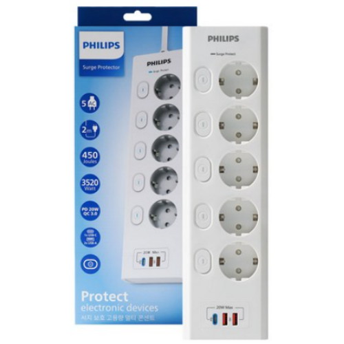 필립스 5구 서지보호 맥스 USB 고속충전 멀티탭 (2m)