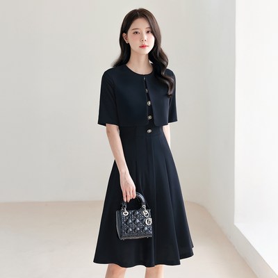 지엔아이컴퍼니 시크라인 토레네 라운드넥 레이어드 플레어 원피스 여름 하객룩 오피스룩 데이트 모임 미시 빅사이즈 L CLPB-O-30 네이비