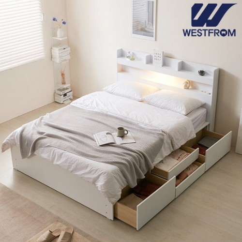 웨스트프롬 라벤더 북선반 수납 4서랍 LED침대 Q (텐더바다독립)_이미지