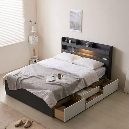 웨스트프롬 라벤더 북선반 수납 4서랍 LED침대 Q (텐더바다독립)_이미지