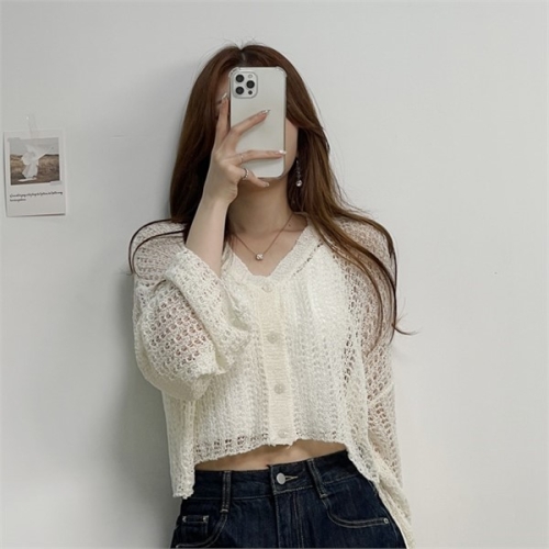  스토리 시스루 긴팔 크롭 니트 가디건 2col 브이넥 8906526
