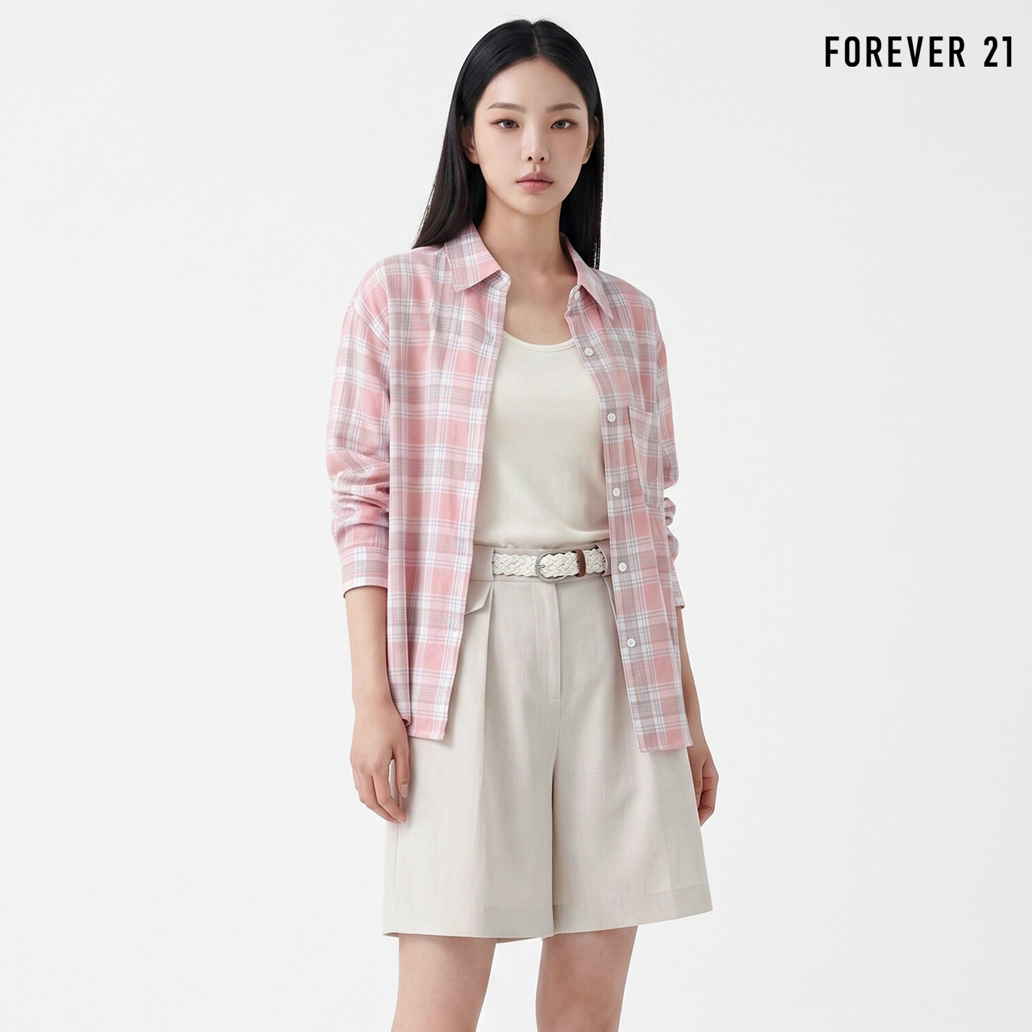  FOREVER21 체크 카라 루즈핏 긴팔 셔츠 FTDBBL009