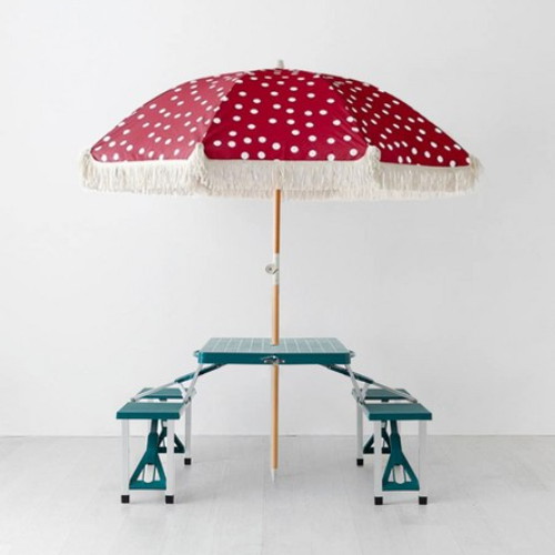 마켓비 로밀 파라솔 다크핑크 + 캠폴 야외 의자일체형 접이식 테이블 4인세트 그린