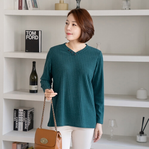  마담4060 엄마옷 골지단추브이넥봄티셔츠-RTE2401088- 12958_5004568756