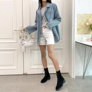 KDJ4F87틴미르 재킷 카라 오버핏 버튼 여성 링 청 데일리