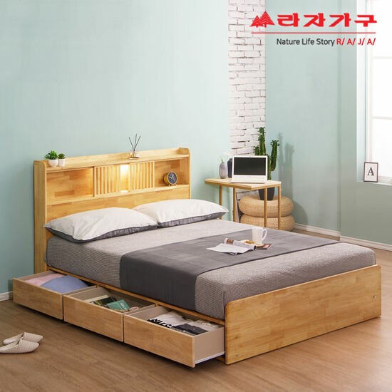 라자가구 위드 팀버 원목 LED침대 Q (본넬스프링)_이미지