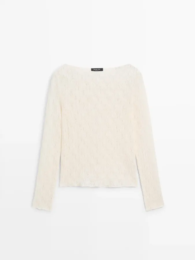 보트넥 디자인에 레이스 티셔츠 Gebrochen Weiss 6277555