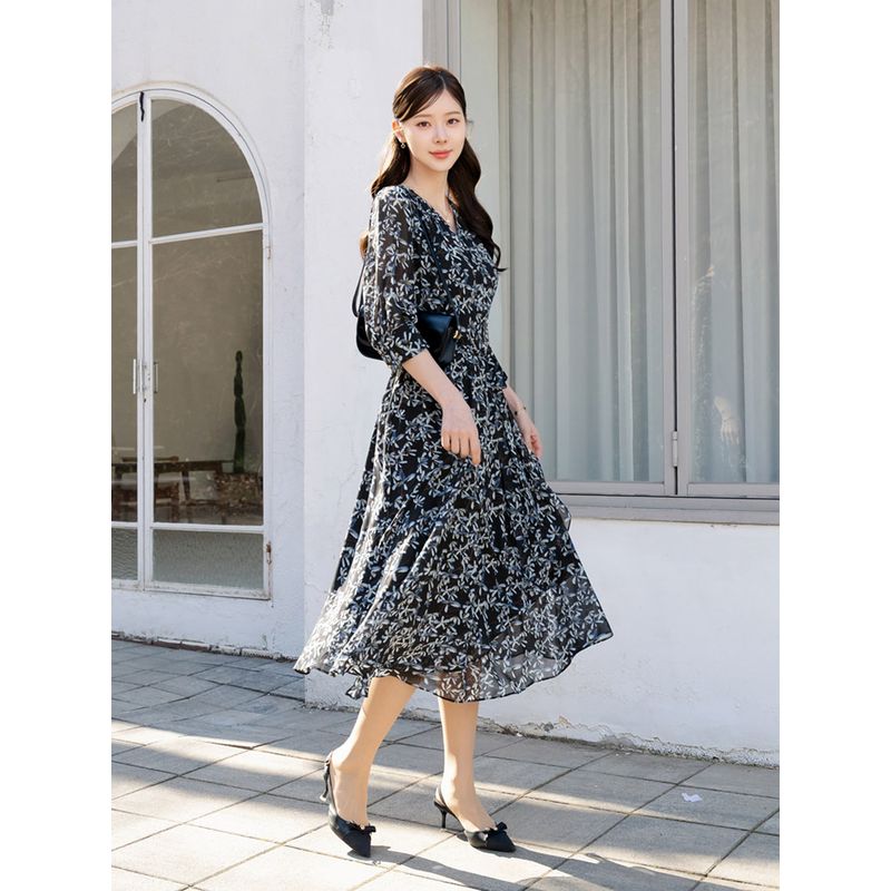 XXL까지 차베론 브이넥 쉬폰 플라워 랩 원피스 봄 가을 하객룩 오피스룩 모임룩 격식룩 빅사이즈 CLQA-O-16 블루 XXL