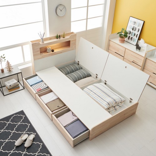 장인가구 아로마 4단 수납 편백나무원목 LED침대 SS (본넬스프링)_이미지