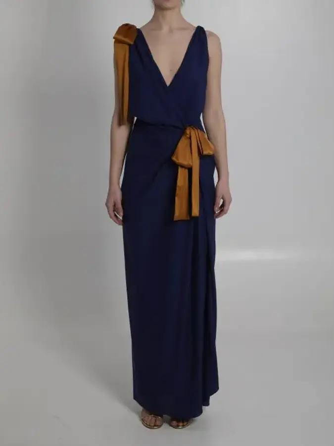 입생로랑 생로랑 더블페이스 실크 새틴 드레이프 맥시 원피스 858262 Y1L27 4001