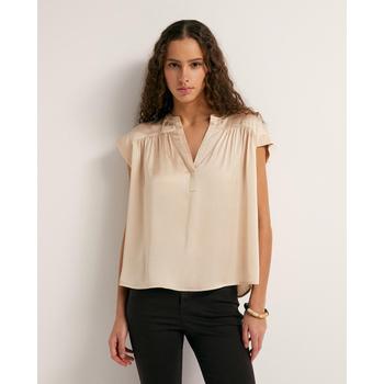 사틴 스페라 브이넥 셔링 반팔 블라우스 / 58420004754 BEIGE