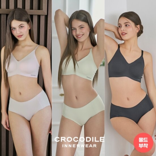 크로커다일 감탄브라 라이크라 쉘론 몰드부착 스트랩 브라팬티세트 6종 (라이트베이지+올리브그린+블랙)_이미지