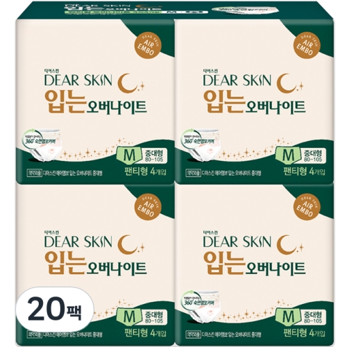깨끗한나라 디어스킨 입는 오버나이트 중대형 4개 (20팩(80개))