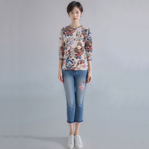 24년 봄 여름 중년 여성 페이즐리 망사 배색 풀오버RNM8PO450F-CC