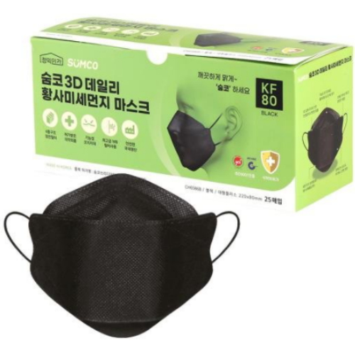 천하지엘씨 숨코 3D 데일리 황사방역용 마스크 KF80 대형 블랙 (25개)