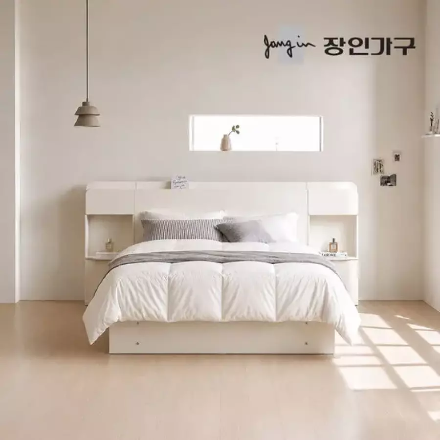 장인가구 리니에 플랫헤드 평상형 서랍 수납 LED침대 Q+협탁2개 (매트별도)_이미지