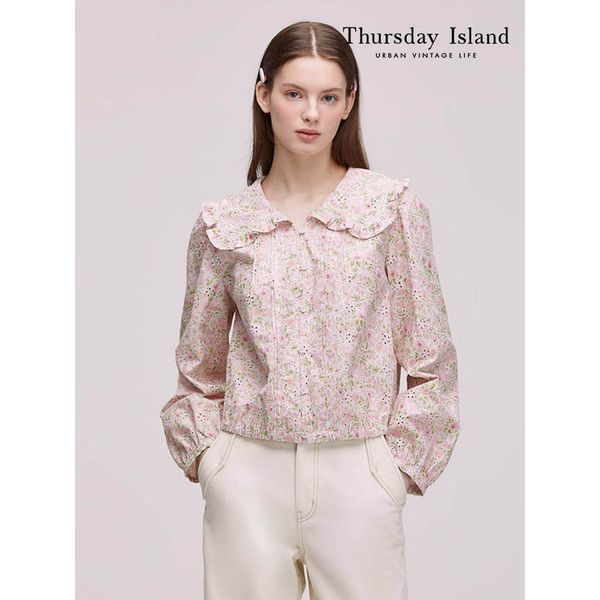  써스데이아일랜드 여성 플라워 자수 러플 블라우스 T242MBL140W
