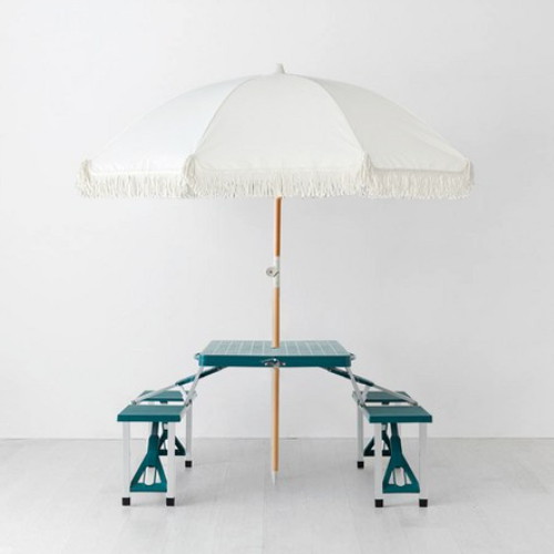 마켓비 로밀 파라솔 베이지 + 캠폴 야외 의자일체형 접이식 테이블 4인세트 그린