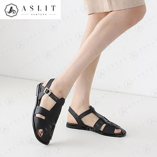 애슬릿 여성 가죽 와이드 교차 T 스트랩 플랫 샌들 7185380
