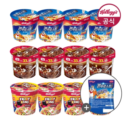 컵시리얼 콘푸로스트30g x4개+후르트링30g x4개+첵스초코30g x4개 + 미니 시리얼 30g 증정 2세트