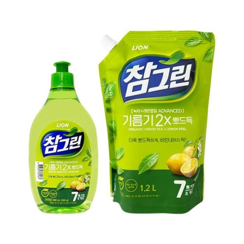 참그린 기름기 뽀드득 레몬녹차 480ml + 리필 1.2L (본품1개+리필1개)_이미지