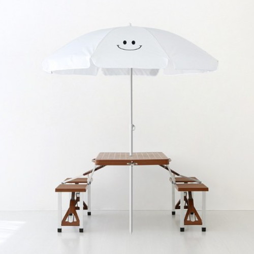 마켓비 로밀 스마일 파라솔 베이지 + 캠폴 야외 의자일체형 접이식 테이블 4인세트 브라운