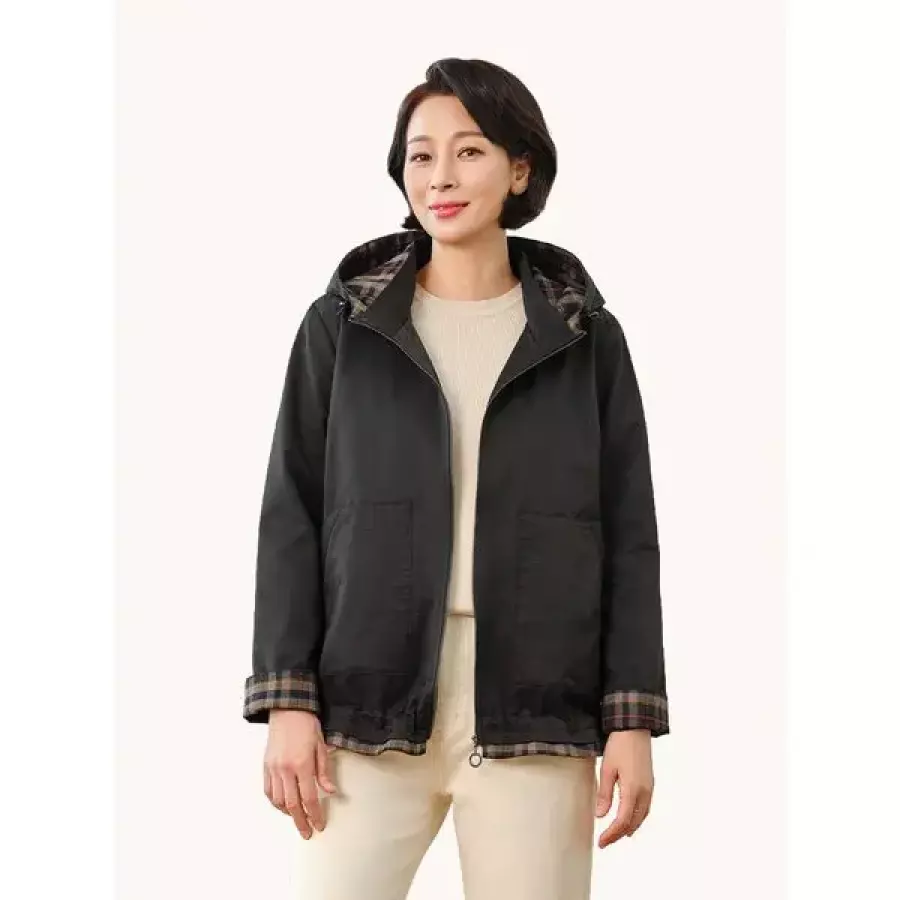 마담엘레강스 루이스 체크 배색 트렌치 점퍼 블랙 KYV3JP01BK