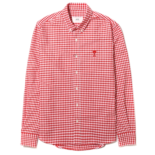 AMI 하트 로고 체크 셔츠 HSH113 CO0023 (682, 레드)_이미지