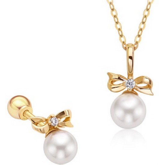 골드팡 14K 리본진주 목걸이 피어싱 세트_이미지