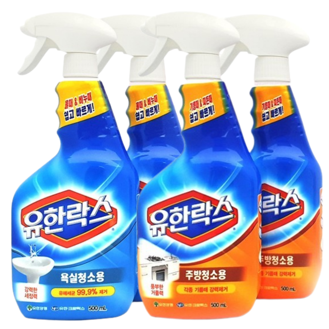 유한락스 욕실청소용 500ml 2개 + 주방청소용 500ml 2개이미지입니다. 누르면 해당 게시물로 새창이동합니다.